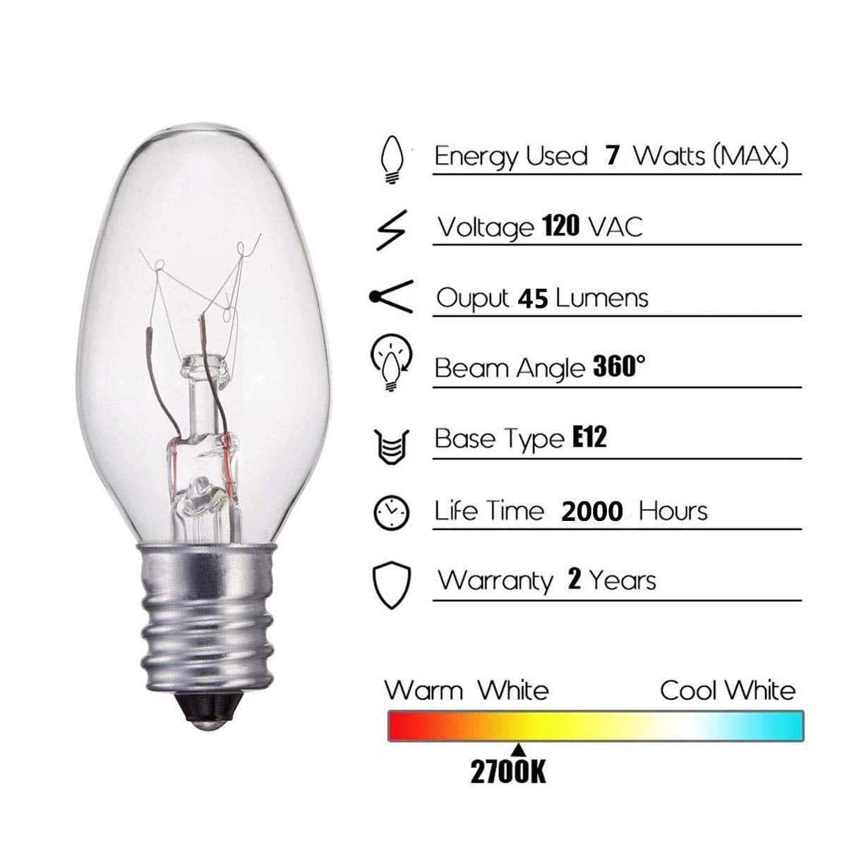 Wokhok 7 Watt Dimmable Night Light Bulbs, E12 Candelabra Base, 12 Pack, Warm White