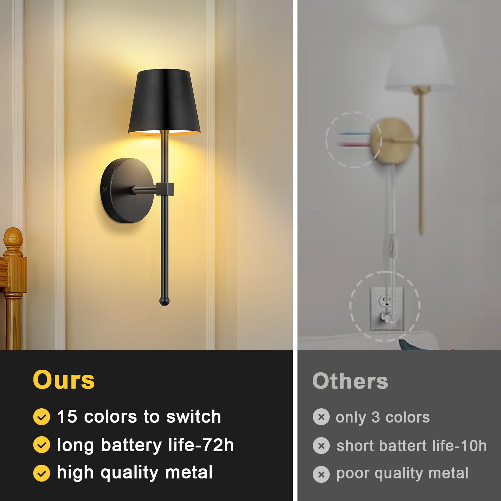 LIGHTESS Battery Operated Wall Lights, 5200mAh Rechargeable Wall Sconces Set of Two with Remote Control, 15 Colors RGB Indoor Di