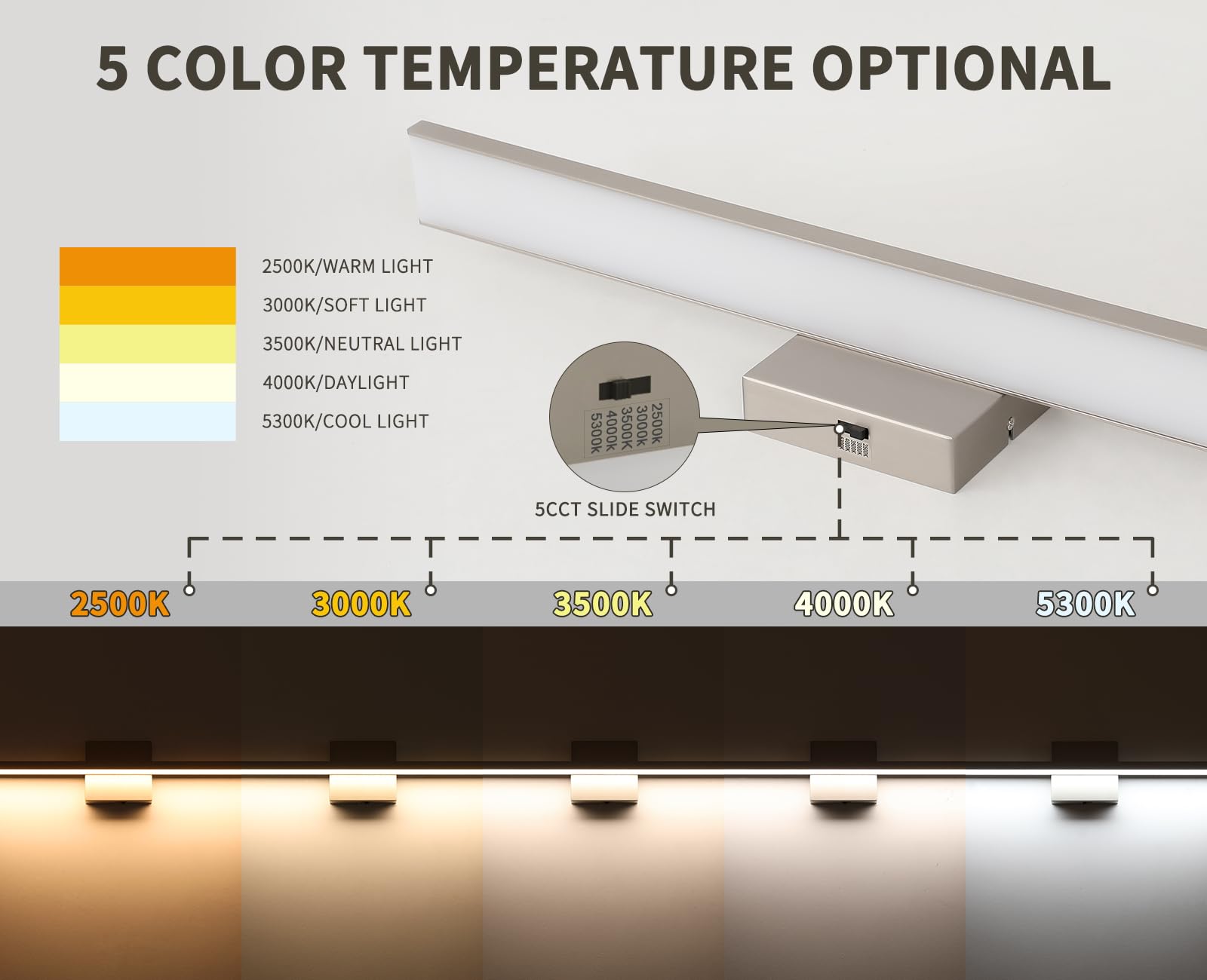 JUSHENG Vanity Lights for Bathroom, 5CCT Dimmable LED, 31.5in  Metal Light Bar, Brushed Nickel, Model 6330
