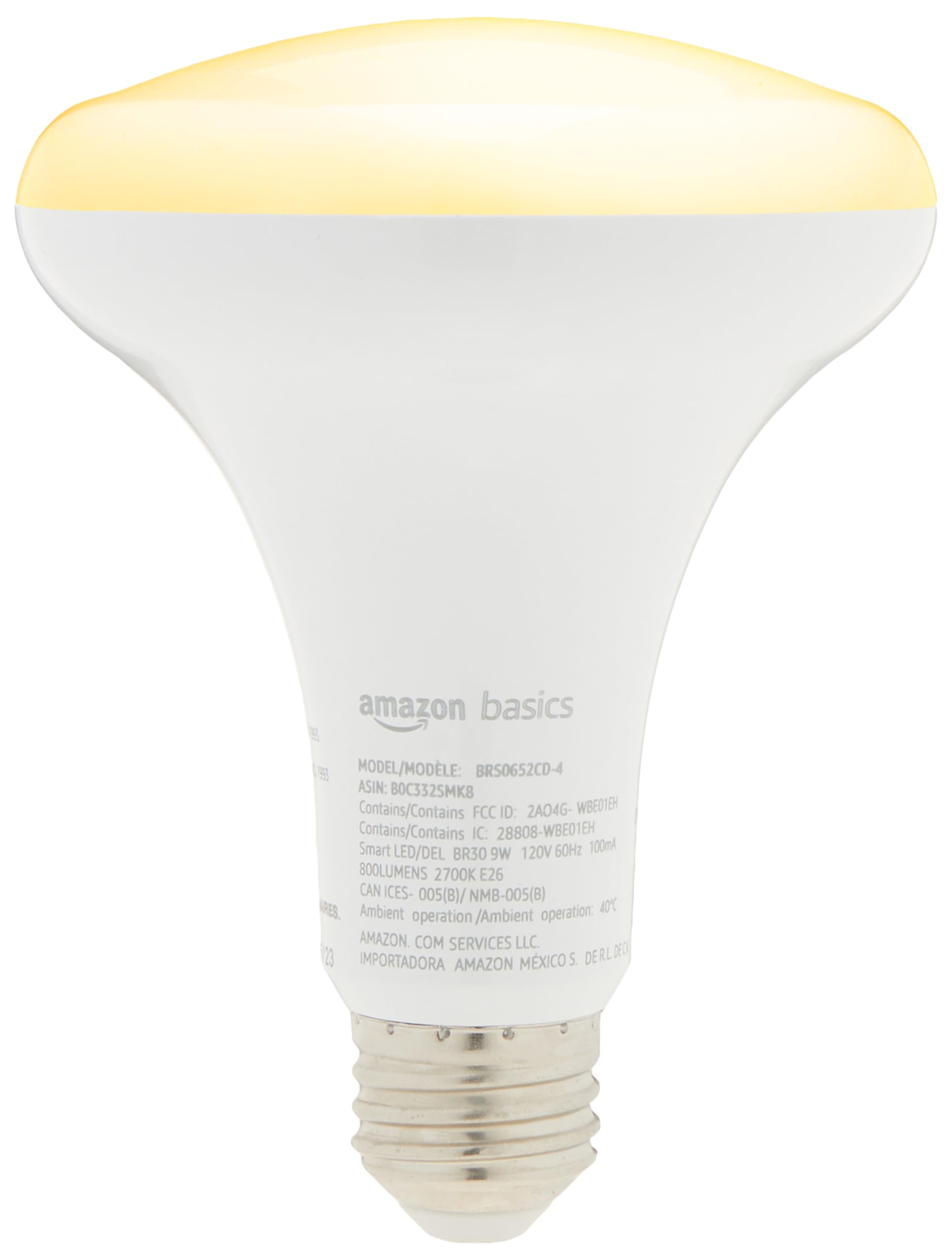 Amazon Basics Smart Br30 Led Light Bulb, Dimmable Soft White (2700K), 60W Equivalent, 800Lm, Works With Alexa Only, 2.4 Ghz Wi-F