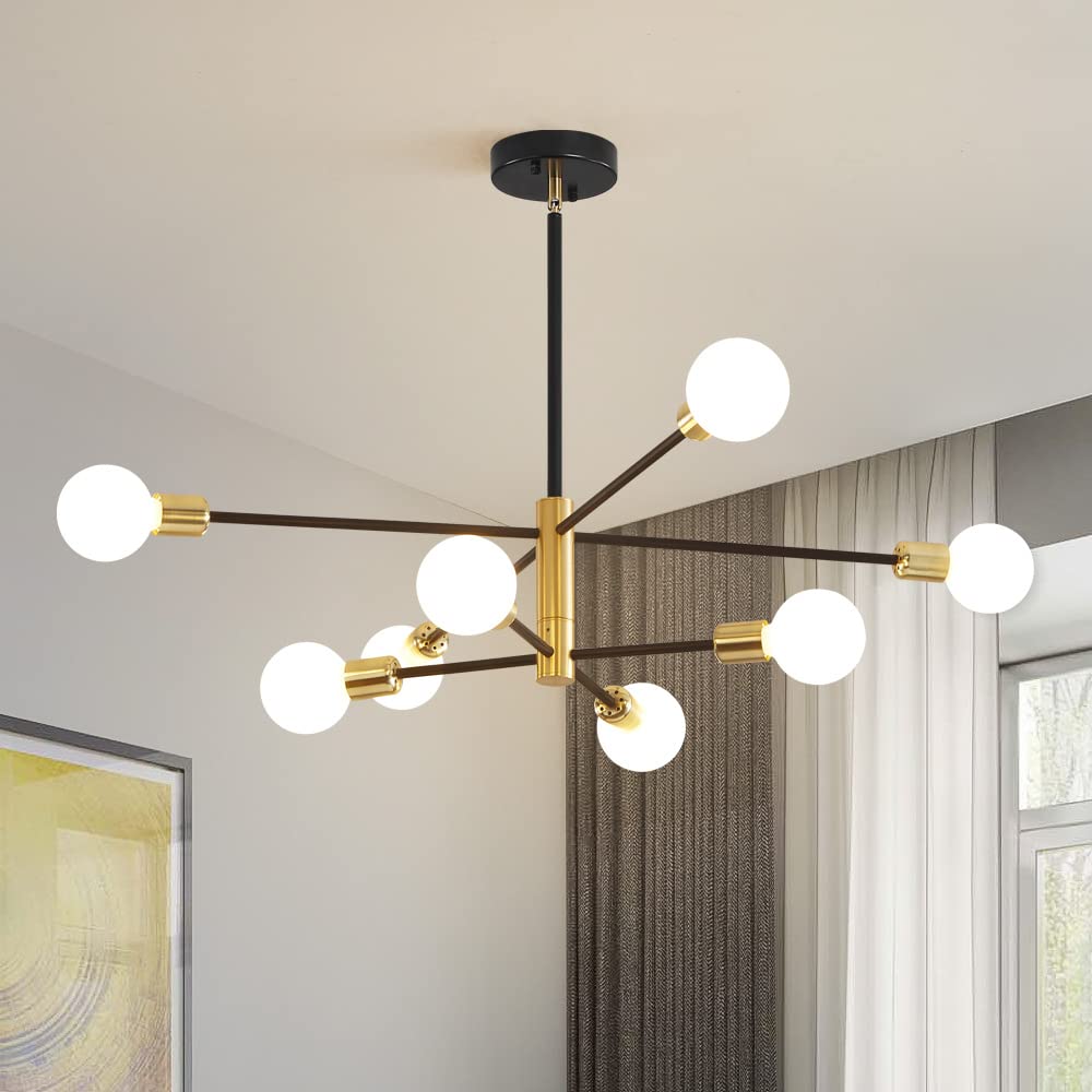 Deyidn 8-Light Sputnik Chandelier, Black Gold Metal Pendant Lighting For Modern Living Spaces