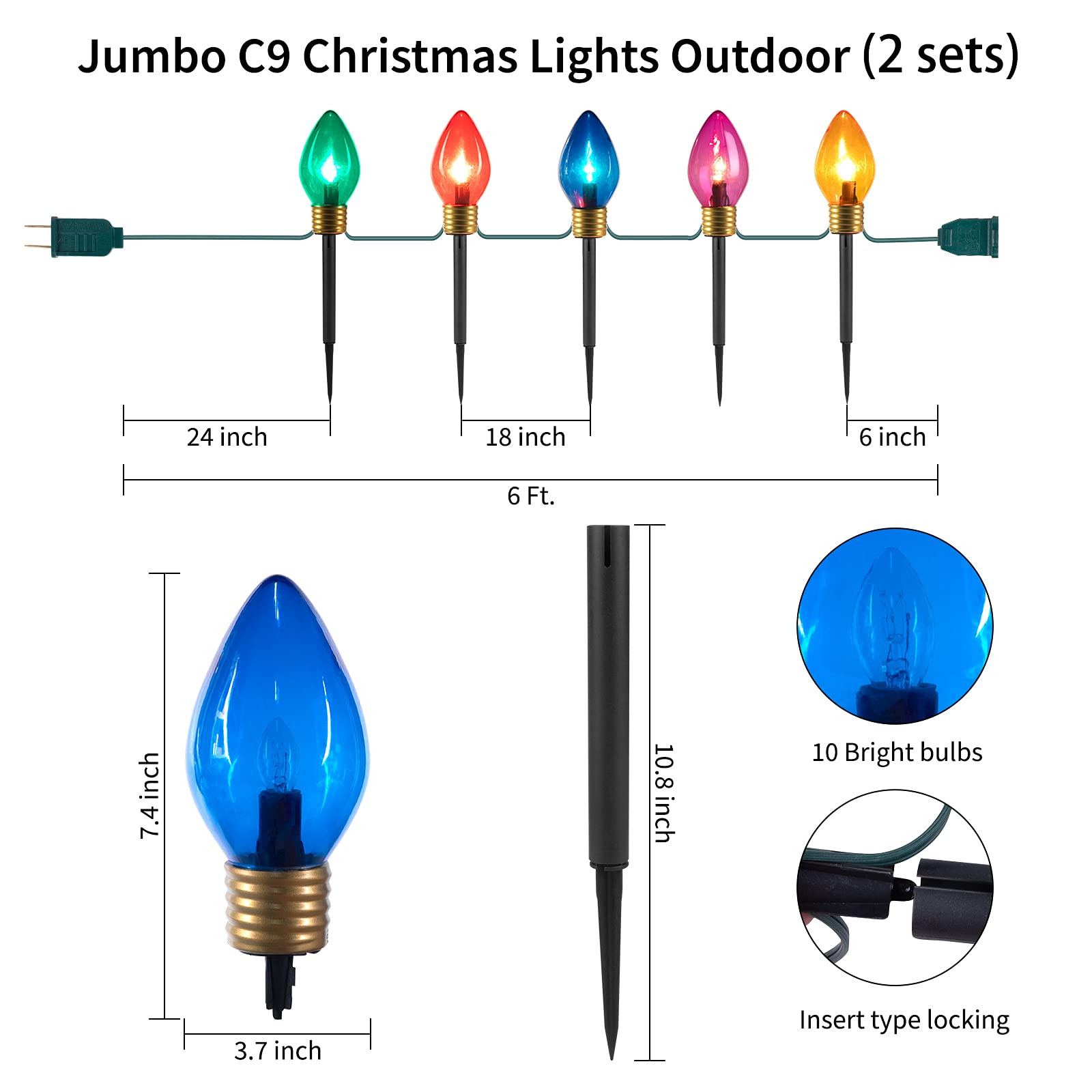 2 Pack Christmas Lights Jumbo C9 Outdoor Lawn Decorations With Pathway Marker Stakes, 8.5Ft C7 Lights Covered Jumbo Glitter Mult