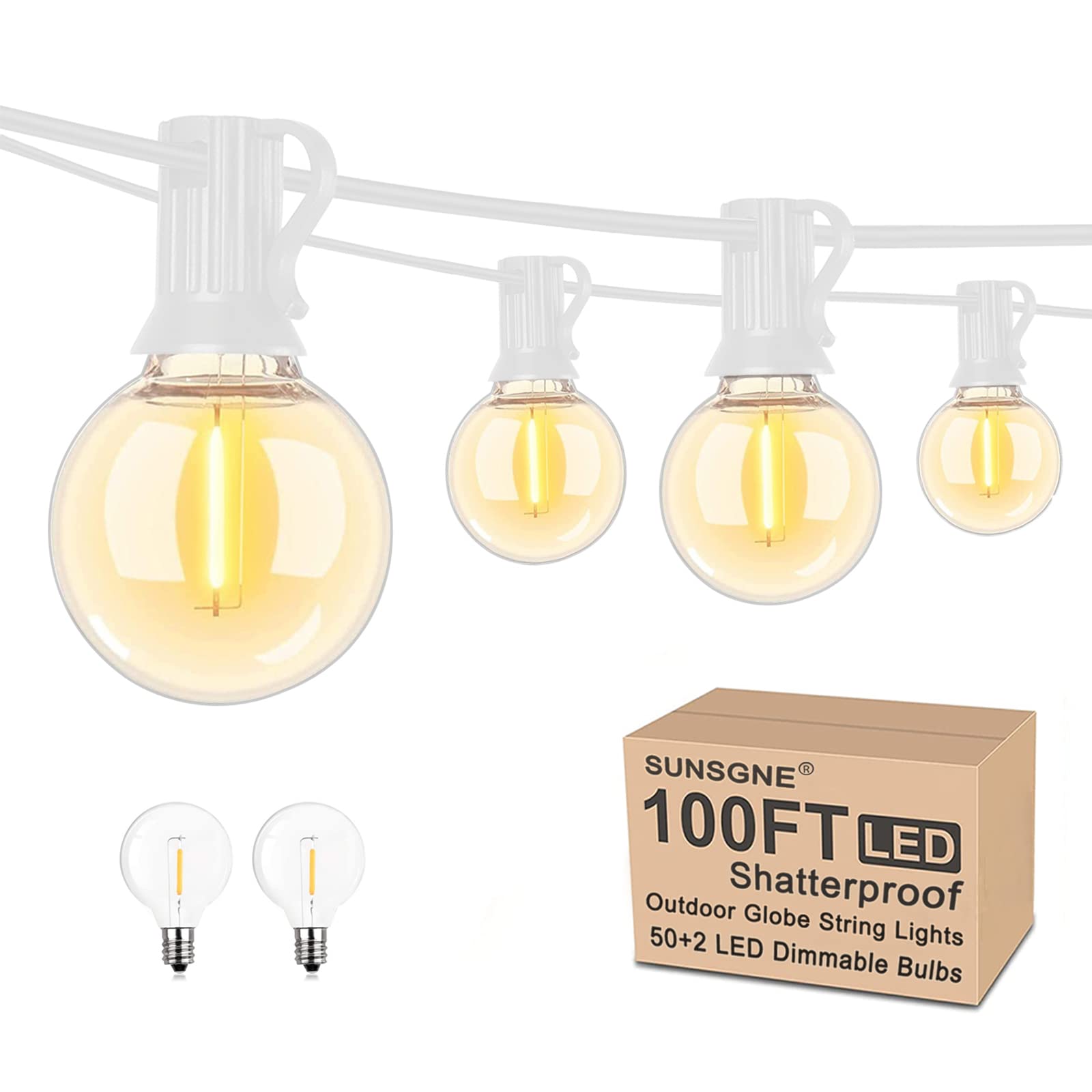 SUNSGNE LED Globe String Lights, 100Ft, Shatterproof, Waterproof, 52 Dimmable Bulbs, White, Connectable for Outdoor Use