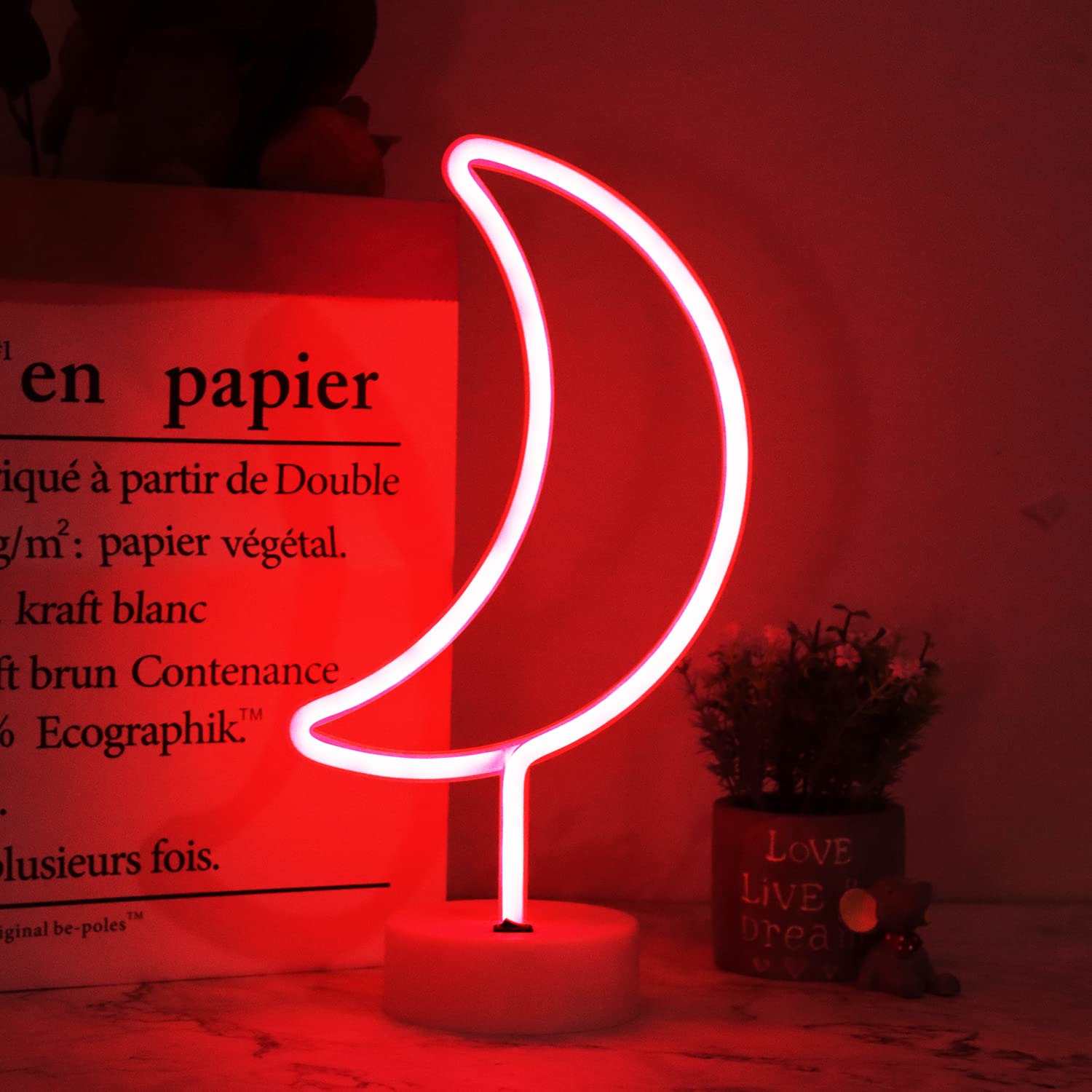 Led Moon Neon Signs, Crescent Night Lights Usb Battery Operated Moon Lamp For Birthday Party, Wedding, Halloween, Christmas Decorations-Moon With Holder Base(Red)
