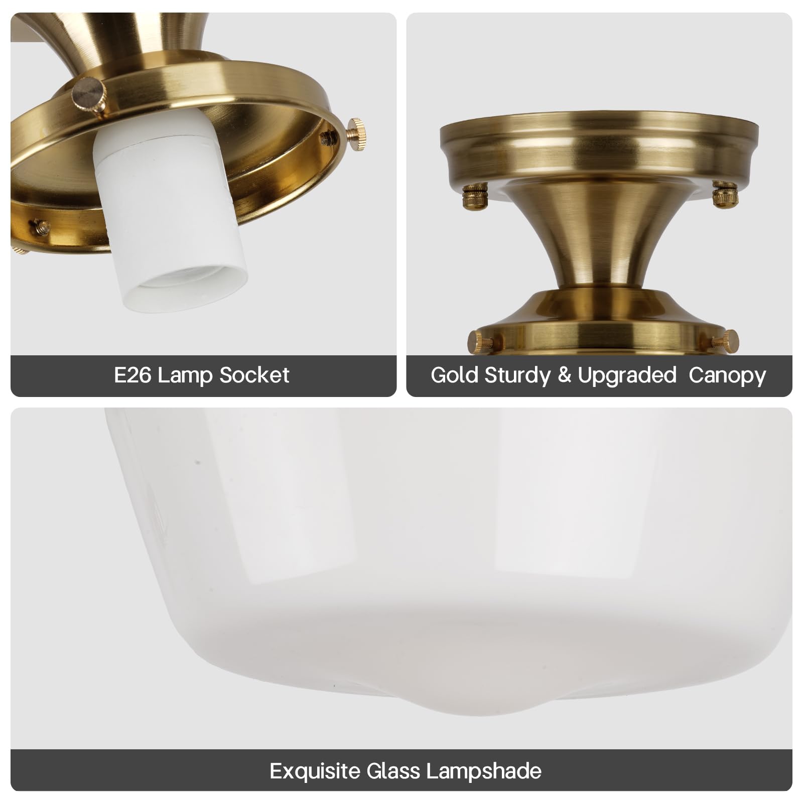 Clarsyne Gold Semi Flush Mount Ceiling Light Fixture, 12'' Wide Opal Milk Glass Shade, Vintage Schoolhouse Style Lighting For Ki