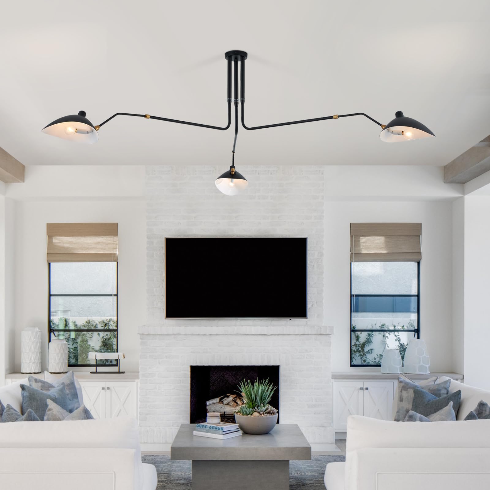 Mhytogn 85'' Mid-Century Chandelier, Matt Black Finish With Adjustable 3-Arms Large Pendant Lighting Fixture For Dining Room Liv