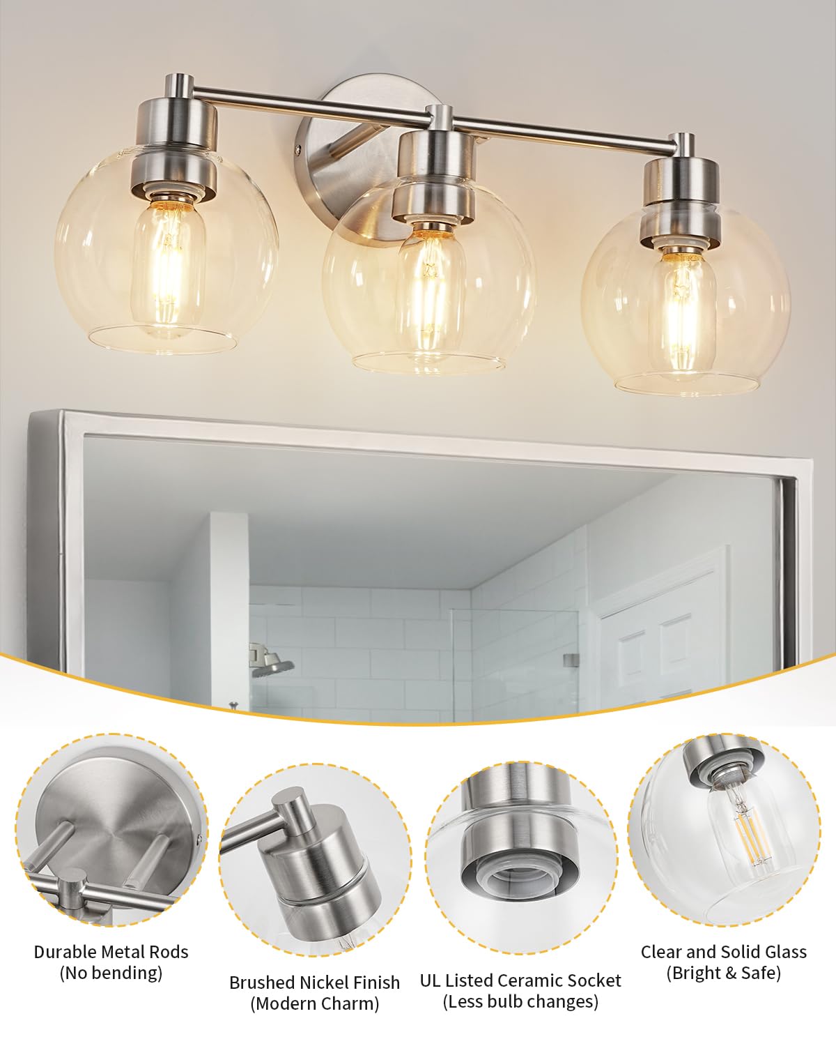 Wilon Brushed Nickel Vanity Lights For Bathroom  3 Light Bathroom Vanity Light With Globe Clear Glass Shades  Silver Bathroom Lighting Fixtures Over Mirror  Modern Bathroom Sconces Wall Lamp