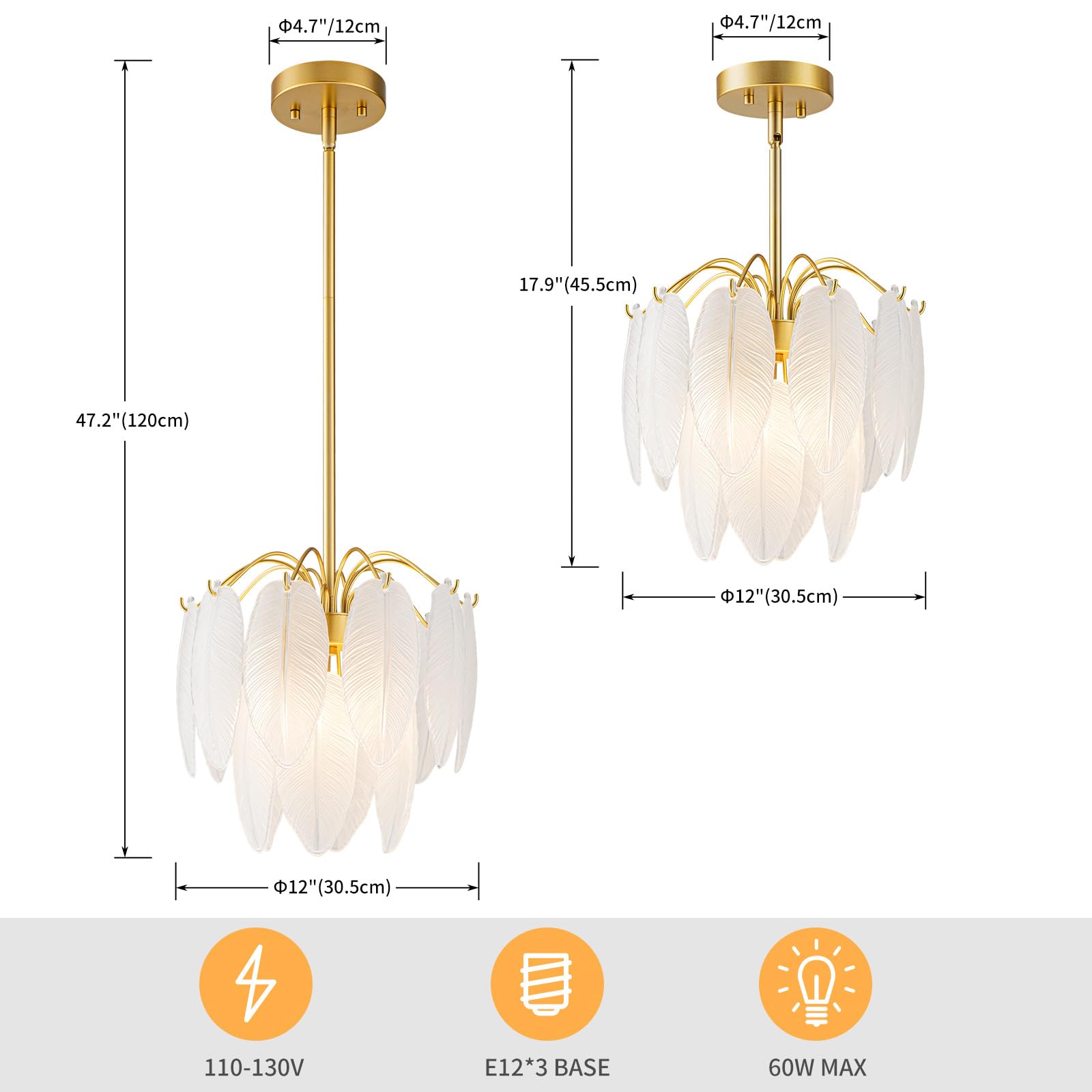 LumFurn 3-Light Glass Chandelier, Modern 2-Tier Pendant Light, Adjustable Height D12x18-47In, Gold Frame & White Frosted Glass Shade