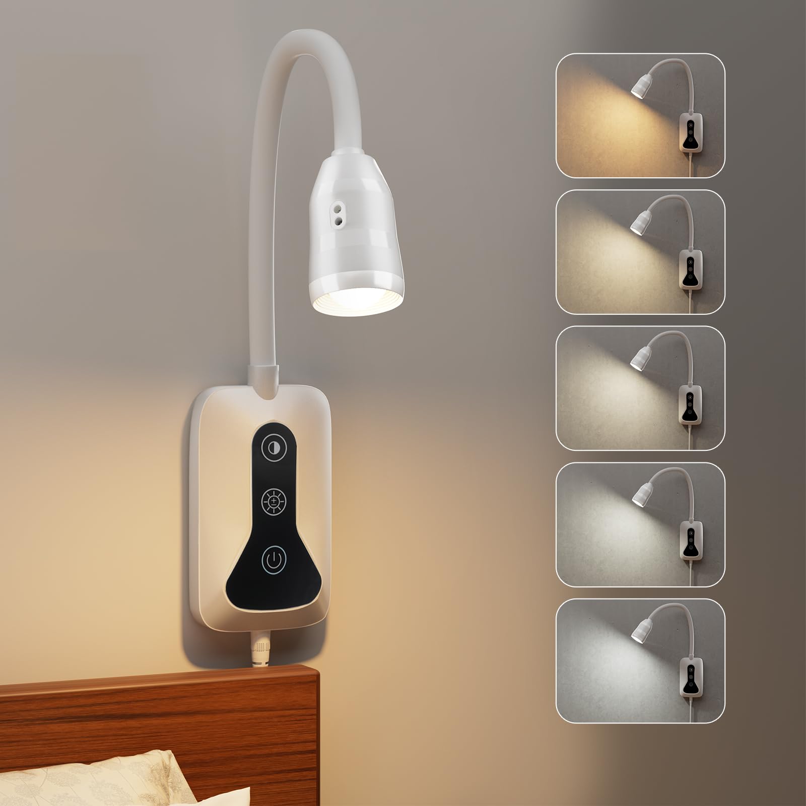 HUAEU 1 Pack Wall Mounted Headboard Reading Light, LED Dimmable Touch Control, Flexible Gooseneck, Ideal for Bedside, Office, or