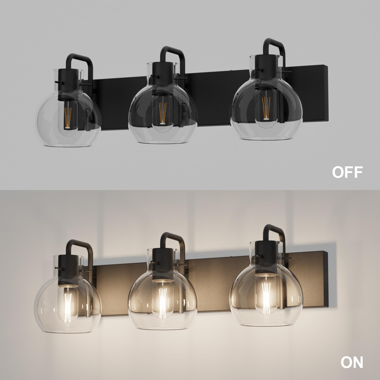 Tipace 3-Light Industrial Bathroom Vanity Lighting Fixtures, Matte Black Finish, Globe Clear Glass, Model L-7491
