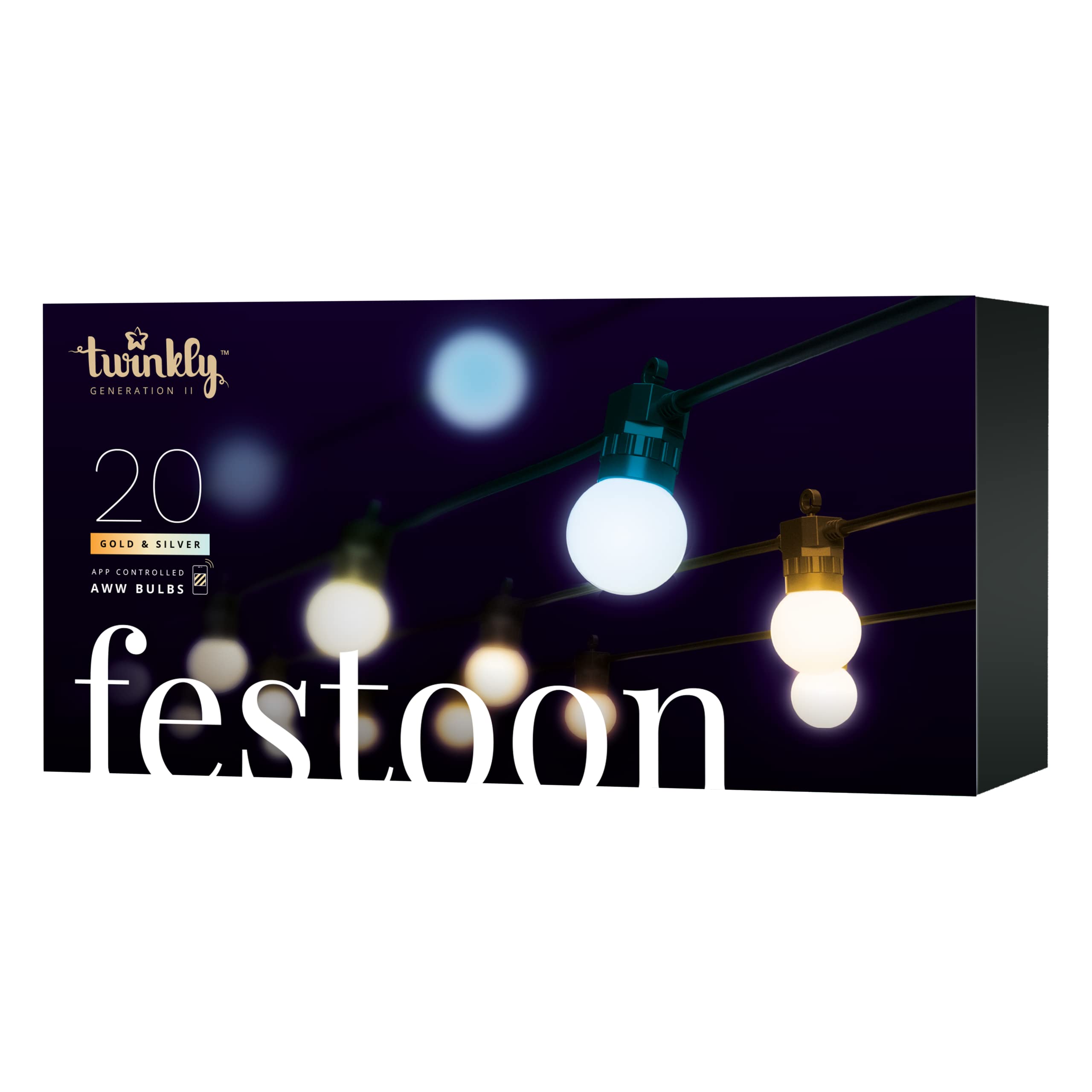 Twinkly Festoon 20 White LEDs, Light Chain with 20 LED Bulbs, Outdoor and Indoor Lights from Warm to Cool White, Compatible with