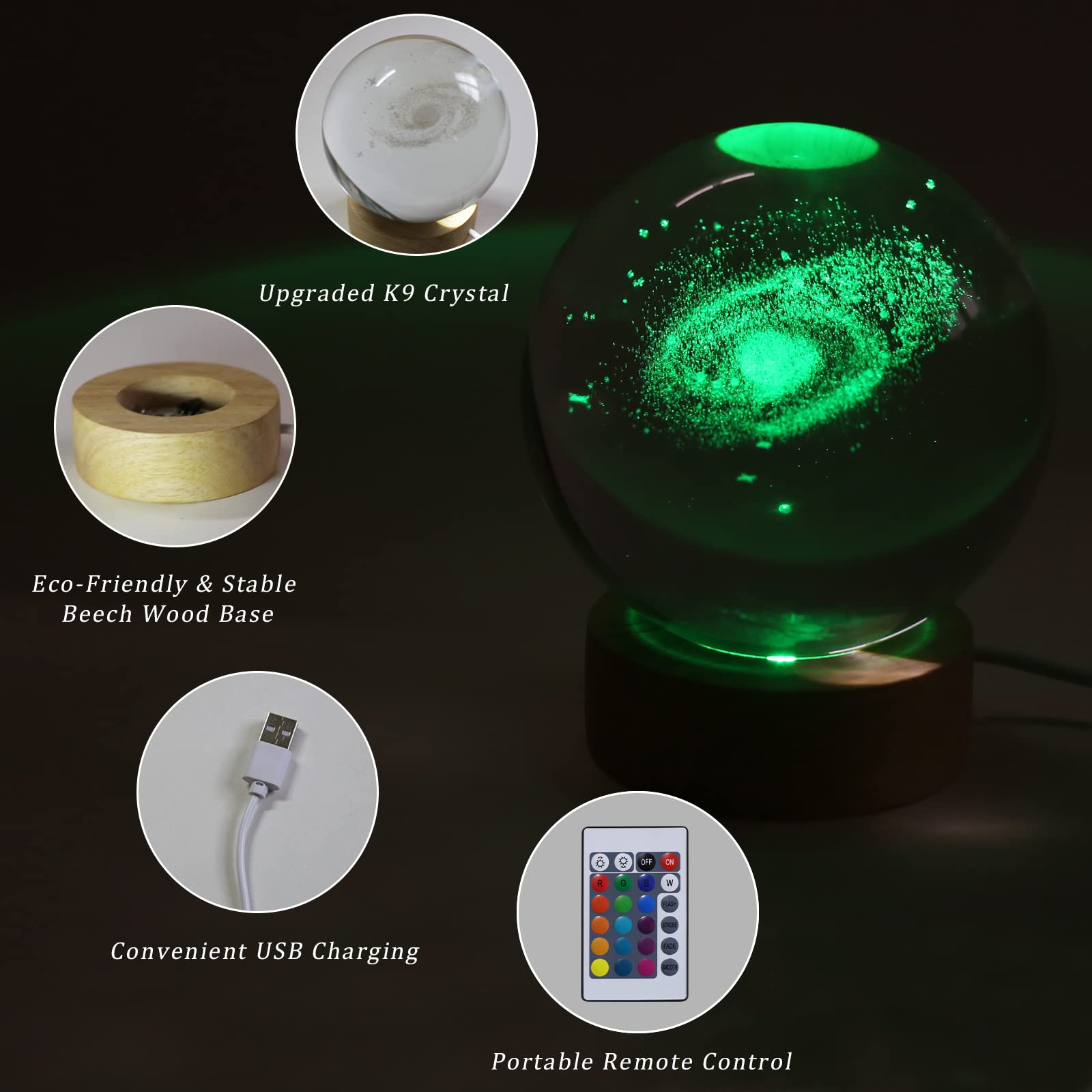 Huntalg 3D Galaxy Crystal Ball Night Light With Remote Upgraded 3.15 Inch Galaxy Planets Glass Ball Lamps With 16 Color Led Wood