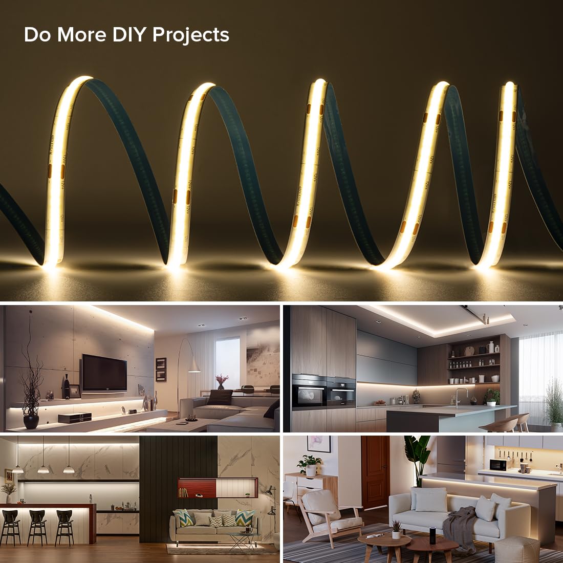 FCOB COB LED Strip 16.4FT IP65 Waterproof 4000K 480LEDs/m Dimmable Flexible Natural White