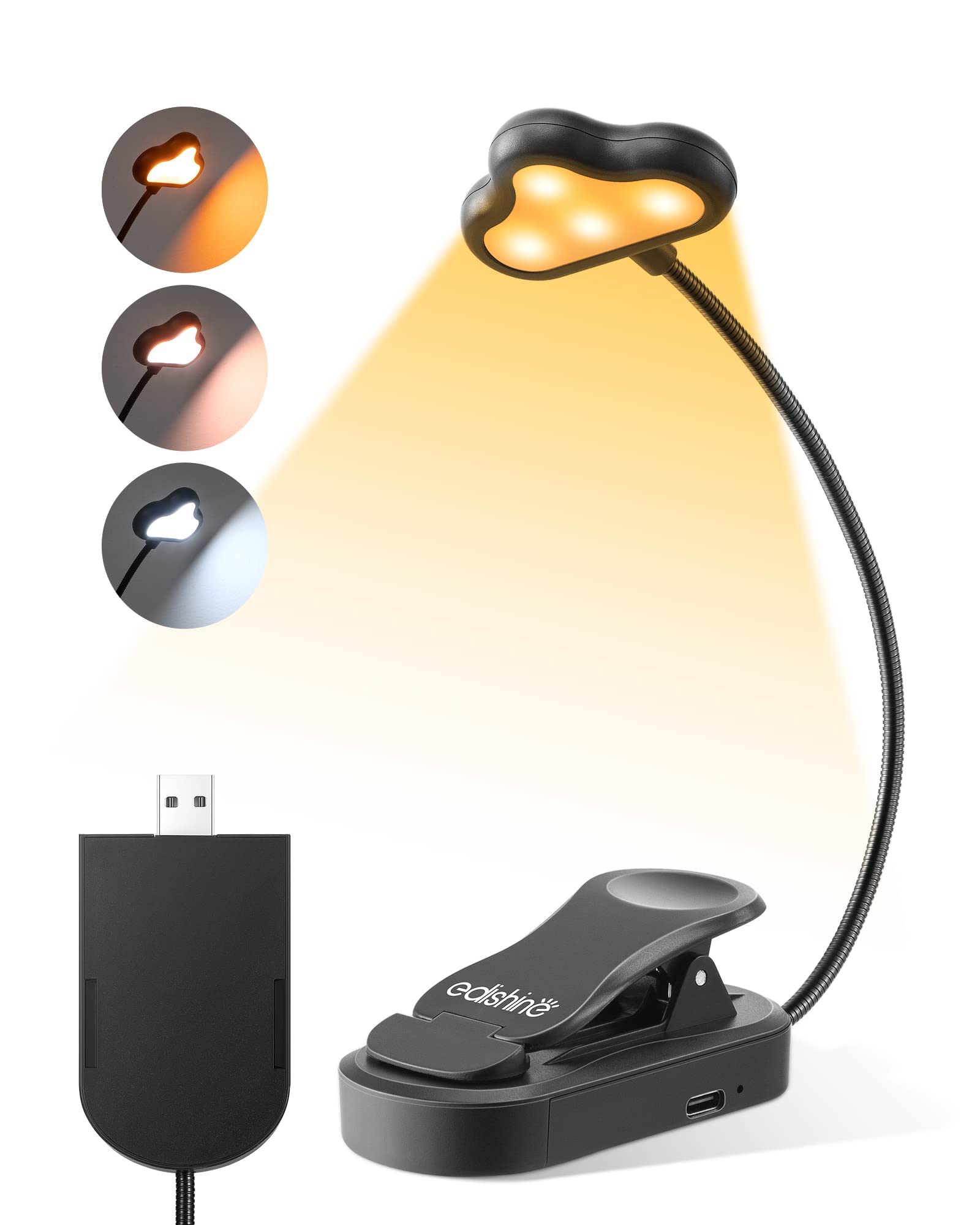 EDISHINE Book Light, Portable Clip-on Lamp, 3 Color Modes, Stepless Dimmable, USB Rechargeable, Black, Model HBRL10B1
