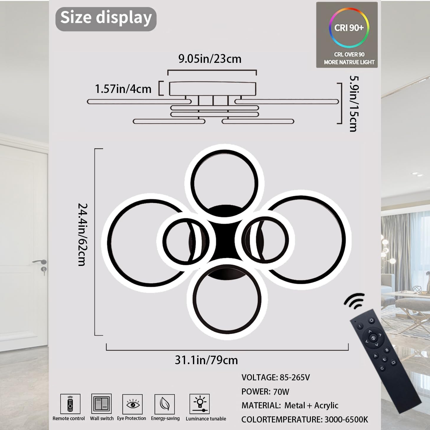Cyaruy Modern Light Fixtures Ceiling, Dimmable Led Semi-Flush Mount Ceiling Lighting, 6-Rings Black Chandelier Ceiling Lamp With