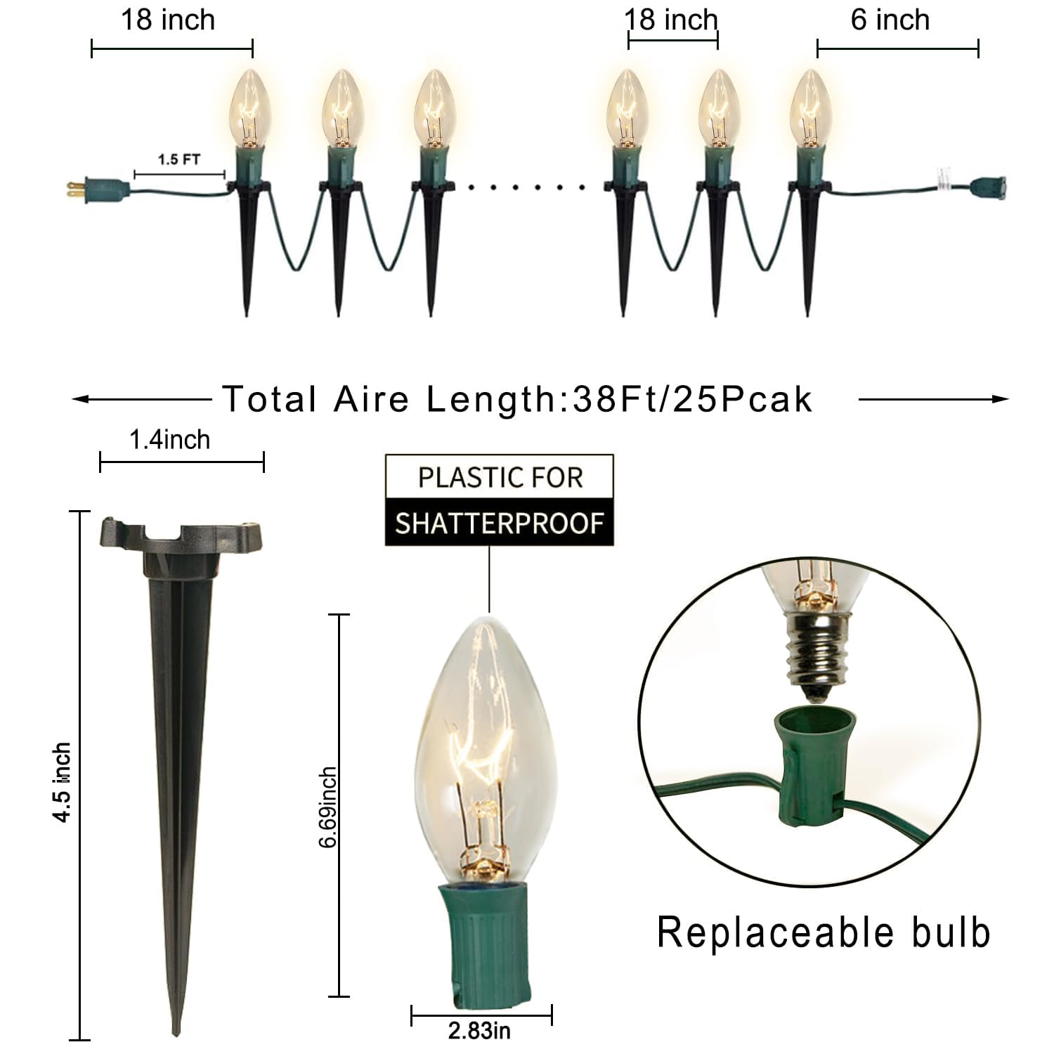 C9 Christmas Pathway Lights, 38Ft Clear Christmas Pathway String Lights With 25 Incandescent Bulbs And Stakes For Outdoor Walkwa