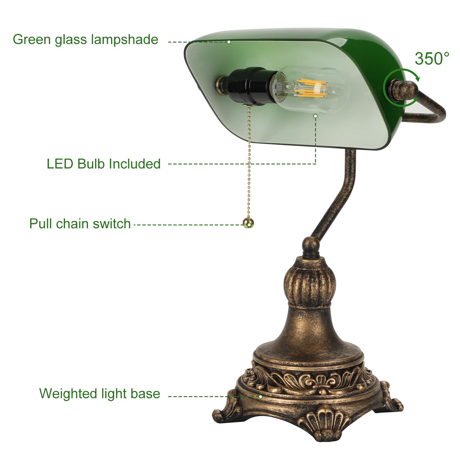 NISSAFORS Green Glass Bankers Lamp with Pull Switch, Retro Black/Gold Finish, Vintage Table Lamp for Home Office & Library, LED Bulb Included