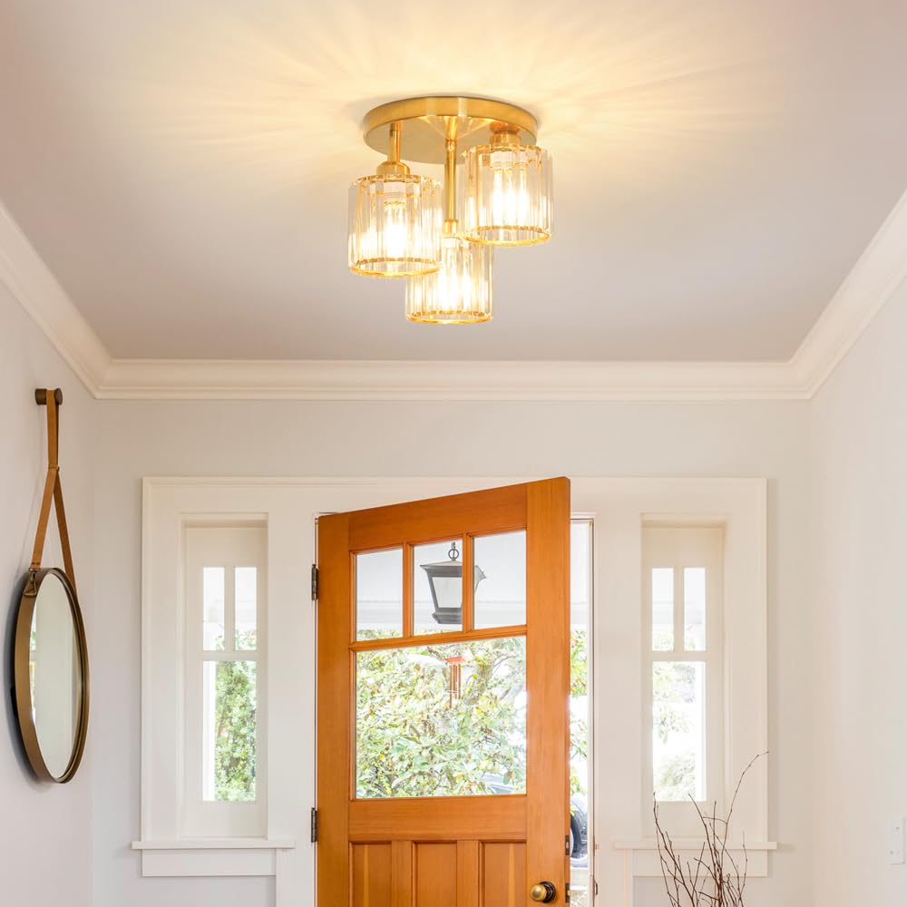 Modern Semi Flush Mount Ceiling Light, 3-Light Crystal Close To Ceiling Light Fixtures, Gold Kitchen Light Fixtures With Clear C
