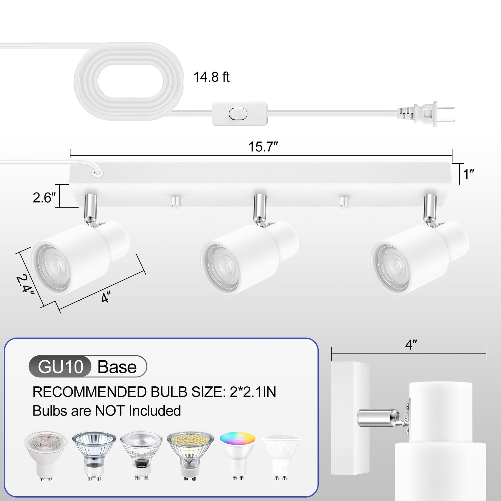 Plug-In Track Lighting Led, Track Light Fixtures Ceiling, White 3-Light Ceiling Lights For Kitchen, 3 Way Spotlight With Cord, Rotatable Wall Mount Light Head For Bedroom Hallway, Bulb Not Included