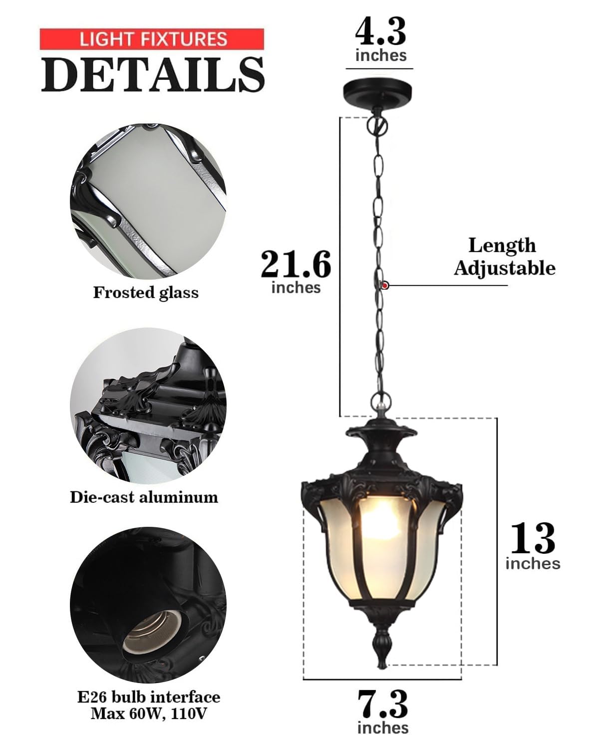 Moddeny Rustic Victorian E26 Exterior Ceiling Pendant Light American Outdoor Waterproof Chandelier Garden Corridor Grape Frame P
