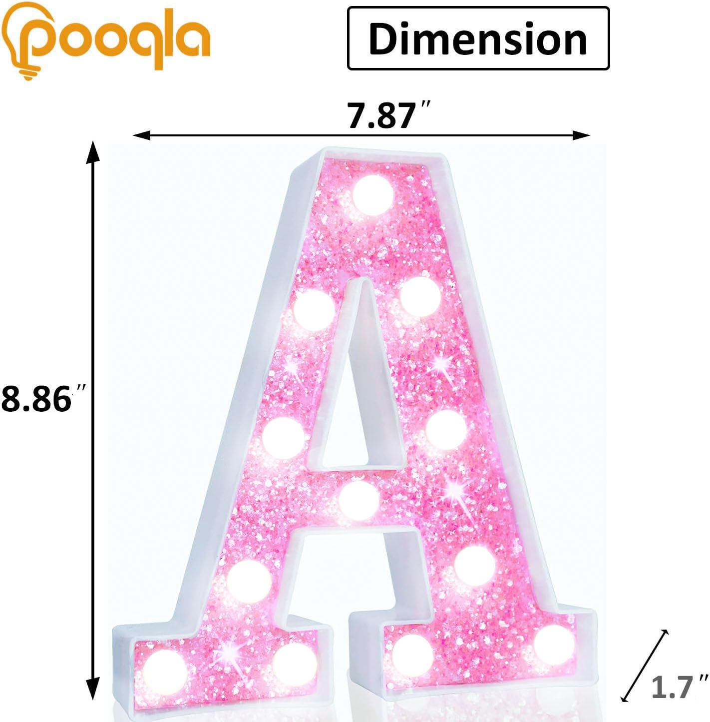 Pooqla Led Marquee Letter Lights  Light Up Letters Glitter Letter Sign Girls Gift  Battery Powered Night Light Pink Birthday Party Room Wedding Christmas Girls Bedroom Dorm Decoration  Cool White A