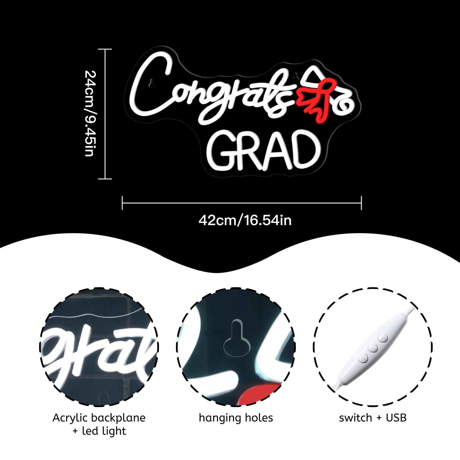 Wlhope Congrats Grad Neon Sign With Scroll Graduation Decorations 2025 White Red Led Lights For Party College High School Class Graduation Gifts