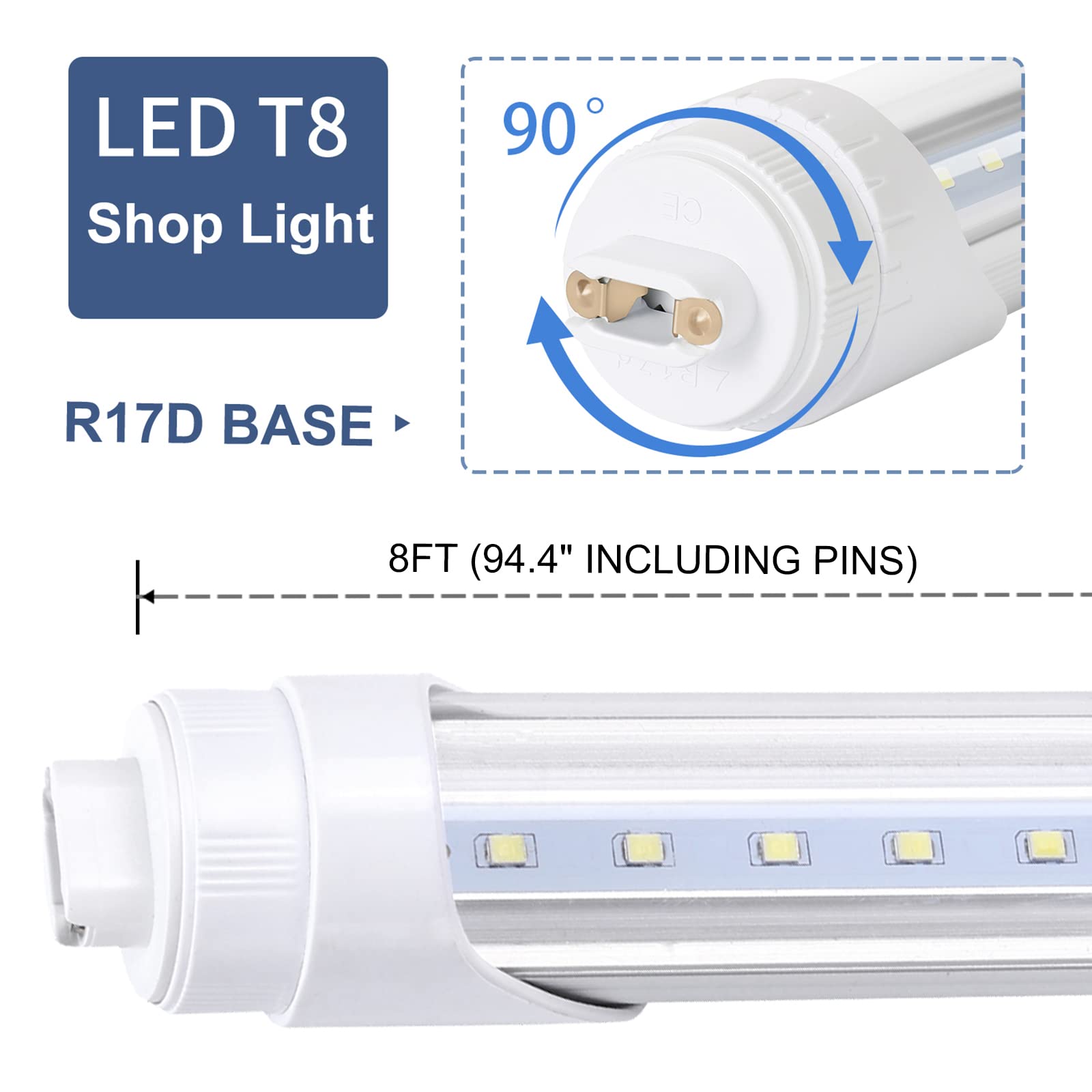 R17D/Ho 8Ft Led Shop Bulb, Rotating Base Led Tube Light, 6000K Clear Lens, Dual-Ended Power Bulb Lights, Non-Dimmable, 2 Pin, Ba