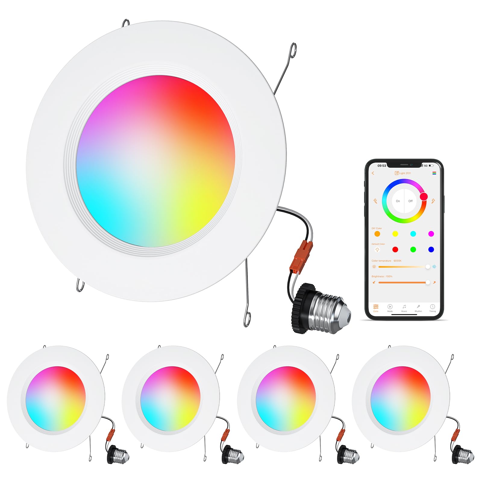 Hydong Smart Recessed Lighting  5/6 Inch  Compatible With Alexa  Smart Led Downlight  13W 1050Lm Led Lights  Smart Can Lights Multicolor App Dimmable  4-Pack