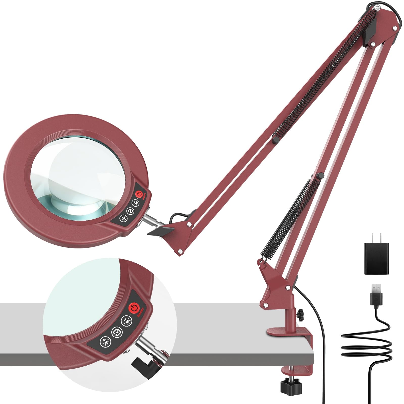 10X Magnifying Glass with Light and Clamp  Real Glass Stand Lighted Magnifier  2*16 Arm 5 Color Modes Stepless Dimmable LED Desk Lamp Hands Free for Craft Hobby Reading Discomfortting Close Work Large RED