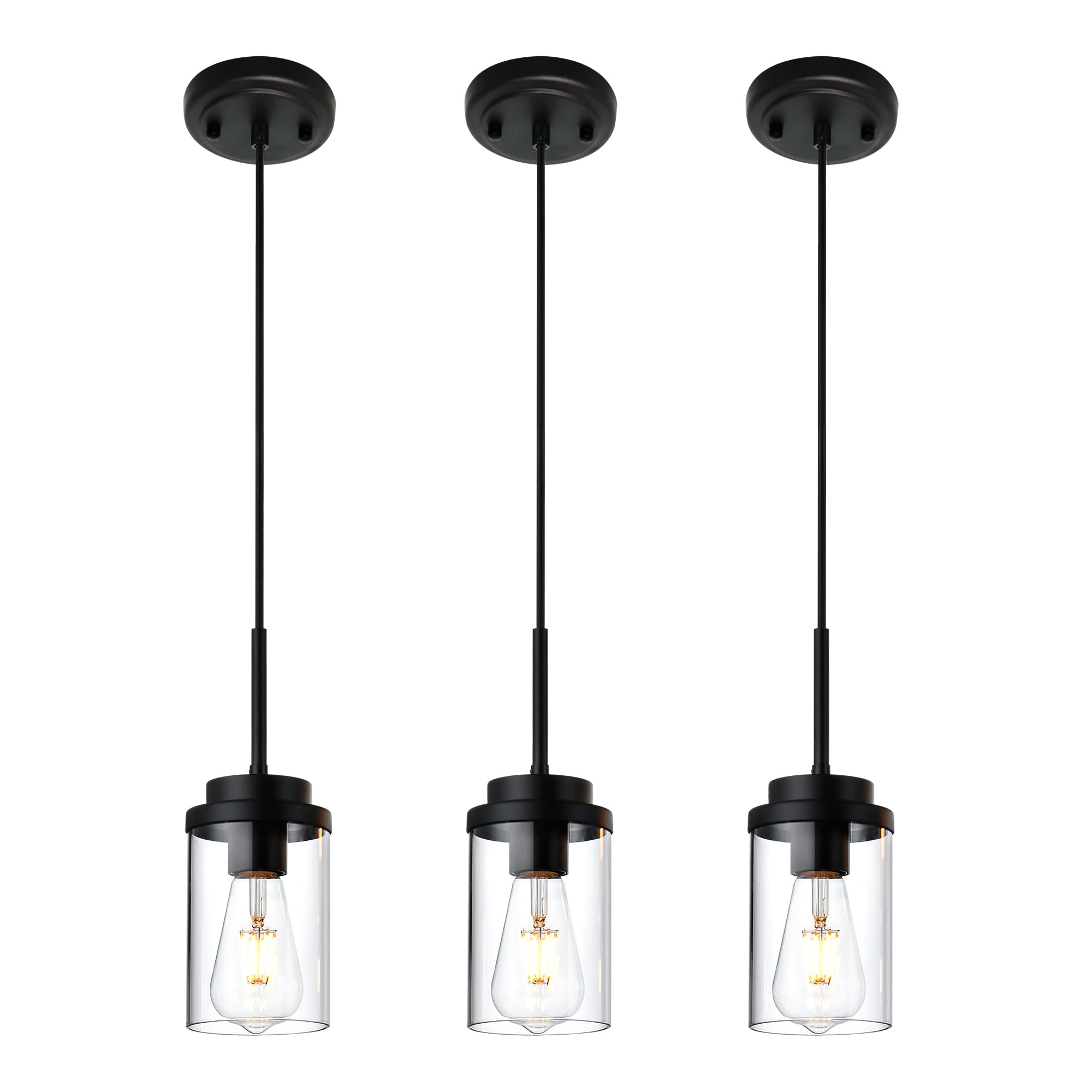 MELUCEE Hanging Pendant Light Fixtures, Adjustable Black Metal Ceiling Lamp with Clear Glass Shade, 3 Pack, Model 4-4501-3P-3BL