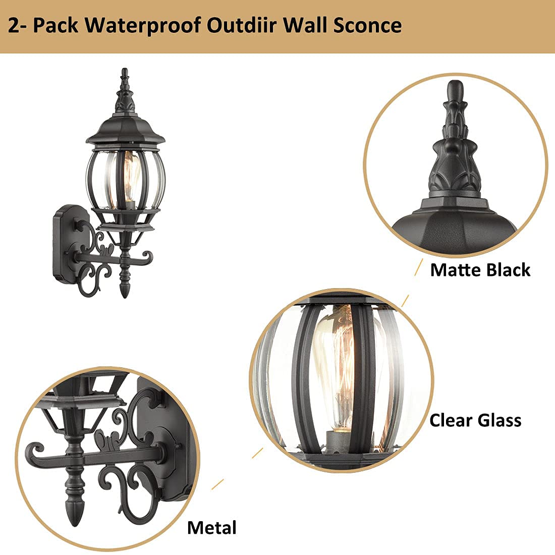 HOLKIRT Outdoor Wall Lantern - 2-Pack Waterproof Sconce Light, Matte Black for Porch & Garage