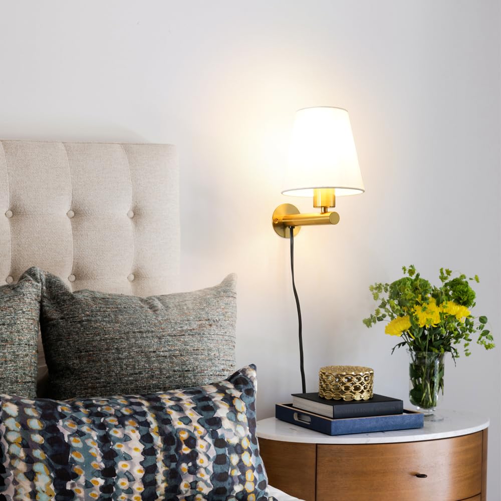 Gold Plug In Wall Sconces Set Of Two, Brass Wall Sconce Lights For Bedroom Plug In, Wall Lamp With On/Off Switch Cord, Bedside P