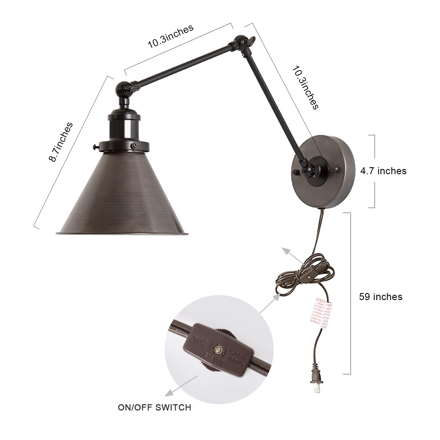 Lnc Swing Arm Wall Lamp Adjustable Hardwired Or Plug-In Sconces Lighting, (Brushed Dark Silver)