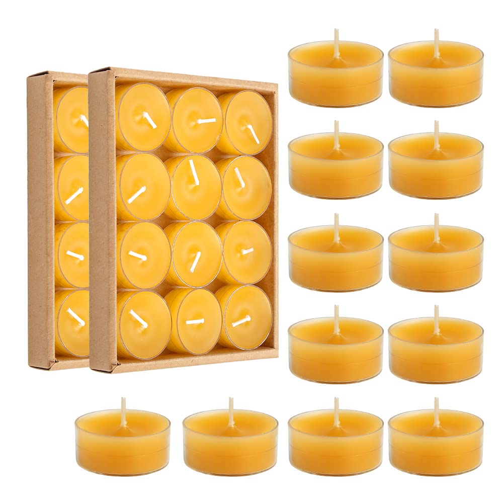 LJQizn Beeswax Tealight Candles, 24pcs Unscented, Handmade, Yellow, Perfect for Parties, Weddings, Home Decor