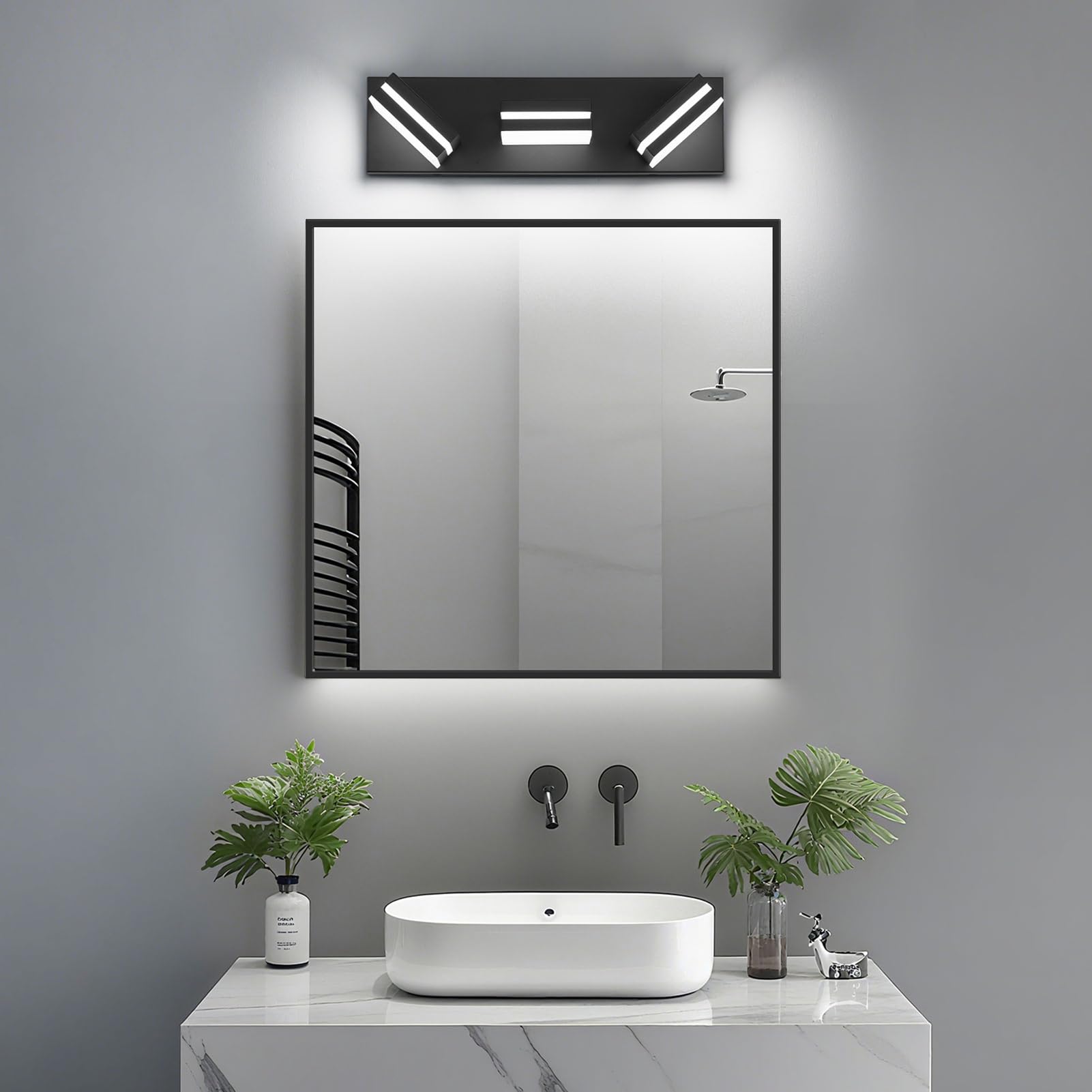 JZEKVN Modern LED Bathroom Light Fixture, 3-Light Metal Black Acrylic, 16.14in, 6000K Vanity Lighting Over Mirror