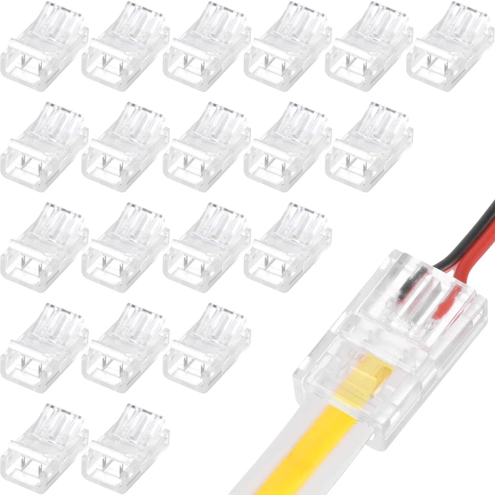 Cob Led Strip To Wire Connector 20 Pieces Waterproof Led Adapter Connectors Transparent Solderless Led Light Strip Connectors For Strip Light Unwired Gapless Track Lighting Connector (2 Pin, 8 Mm)
