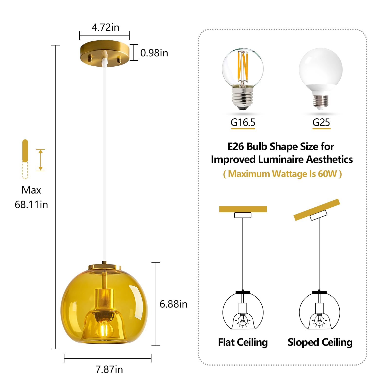 Lbsqj Yellow Glass Pendant Lights Kitchen Island Gold Hanging Light Fixture Glass Globe Pendant Light Modern Pendant Lighting For Kitchen Island Bedroom Dining Room (7.87  1 Pack)
