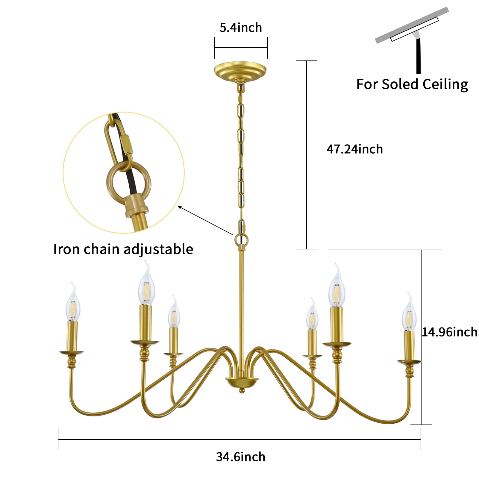 Miluolan Gold Chandelier, 6-Light Chandelier For Dining Room, Bedroom, Foyer, Living Room, Kitchen Island, Entryway, Office, Bar