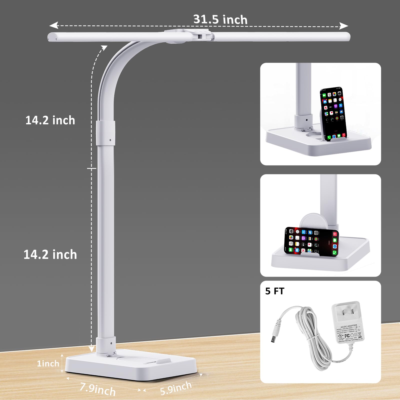 GAEFURY LED Desk Lamp - 24W Eye-Caring Light with Phone Holder, Adjustable Gooseneck, White, Model Td01-2
