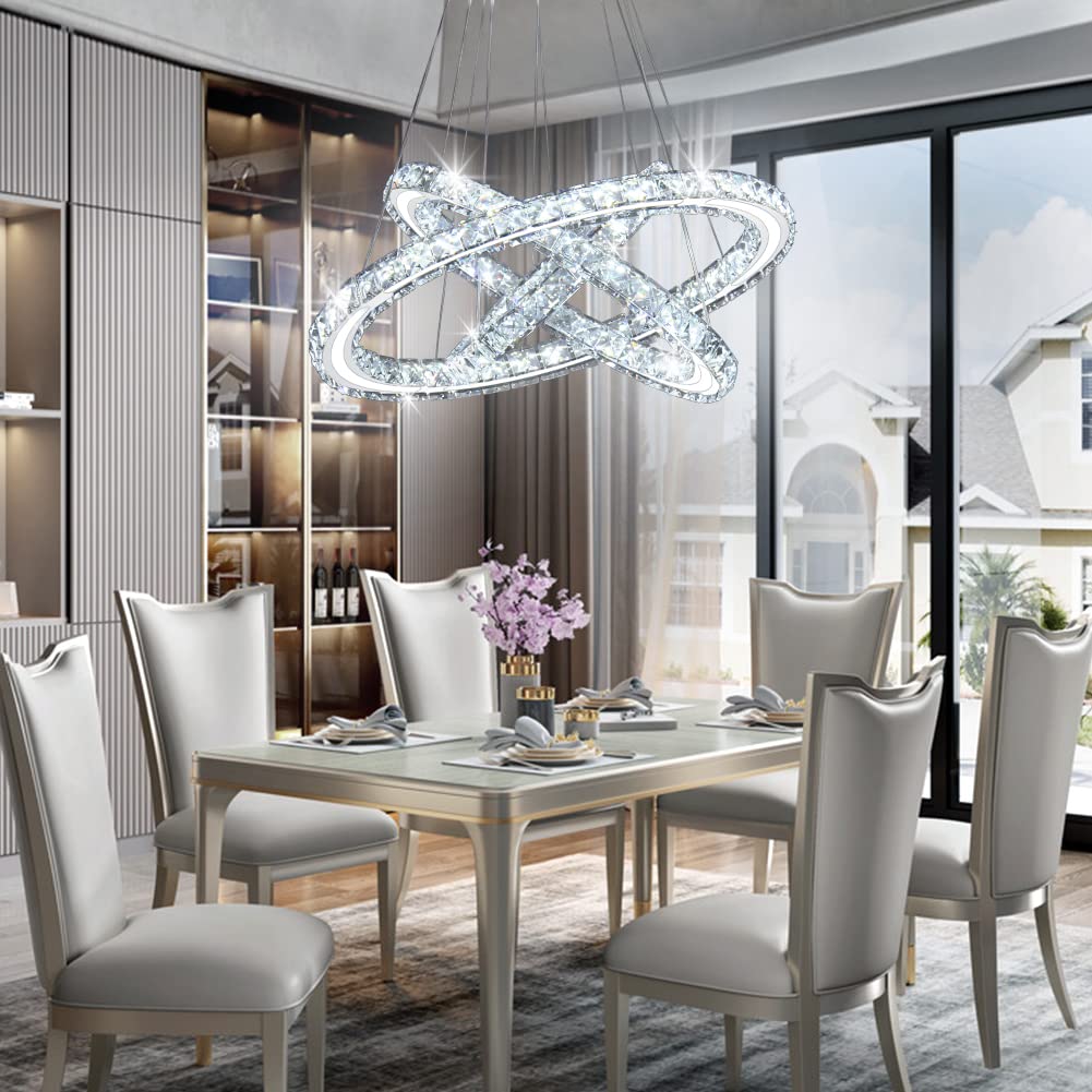 Cxgleaming Led Chandeliers Modern Ceiling Light Fixture 3 Rings Adjustable Crystal Pendant Light Fixture Ceiling Hanging For Living Room Dining Room Bedrooms Hall 250Mm Base 209 Crystals (Cool White)