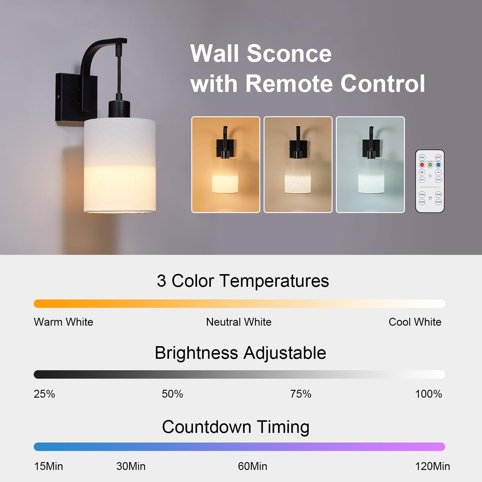 Suraielec Battery Operated Wall Sconces, Wireless Indoor Lights With Remote, Dimmable, 3 Colors