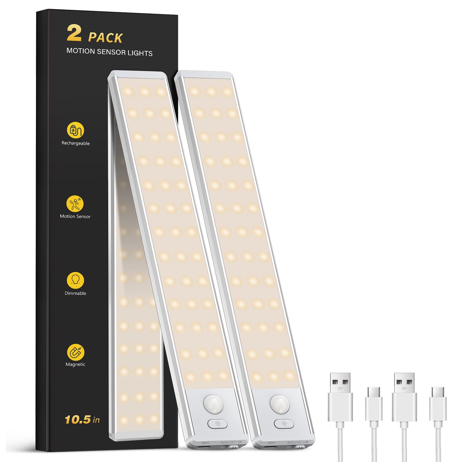 OTWKAY Under Cabinet Motion Sensor Light, Dimmable LED, 10.5in, Warm White, Magnetic Wireless, Rechargeable, 2 Pack