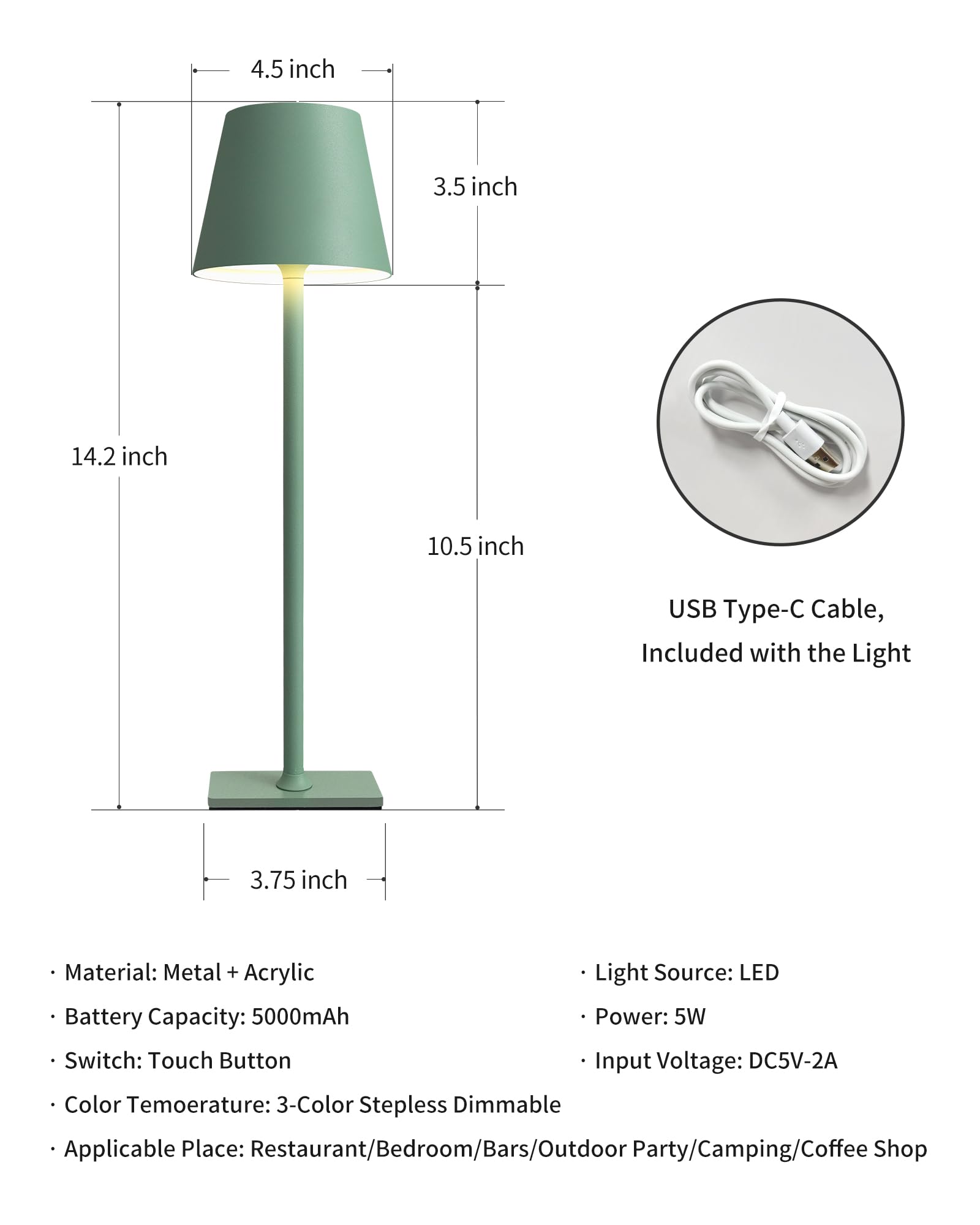 Kdg Cordless Table Lamp - 5000Mah Battery, 3 Color Dimming, Green, For Indoor/Outdoor Use