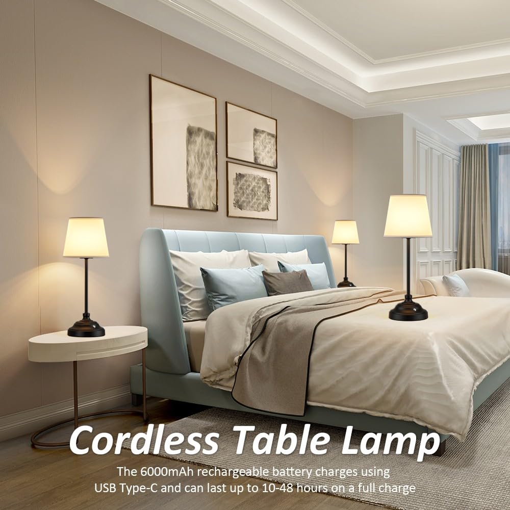 Aipsun Cordless Table Lamp, 6000Mah Rechargeable Battery Operated Desk Lamp,2 Packs Black Bedside Lamps For Night Stands, 3 Colo