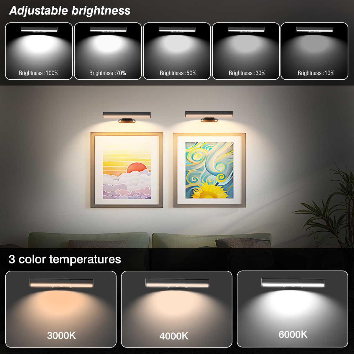 EUIOKUN 4Pack Wireless Picture Light - Battery Operated LED Wall Sconces, Dimmable, 3 Color Timer, Black, Model m5