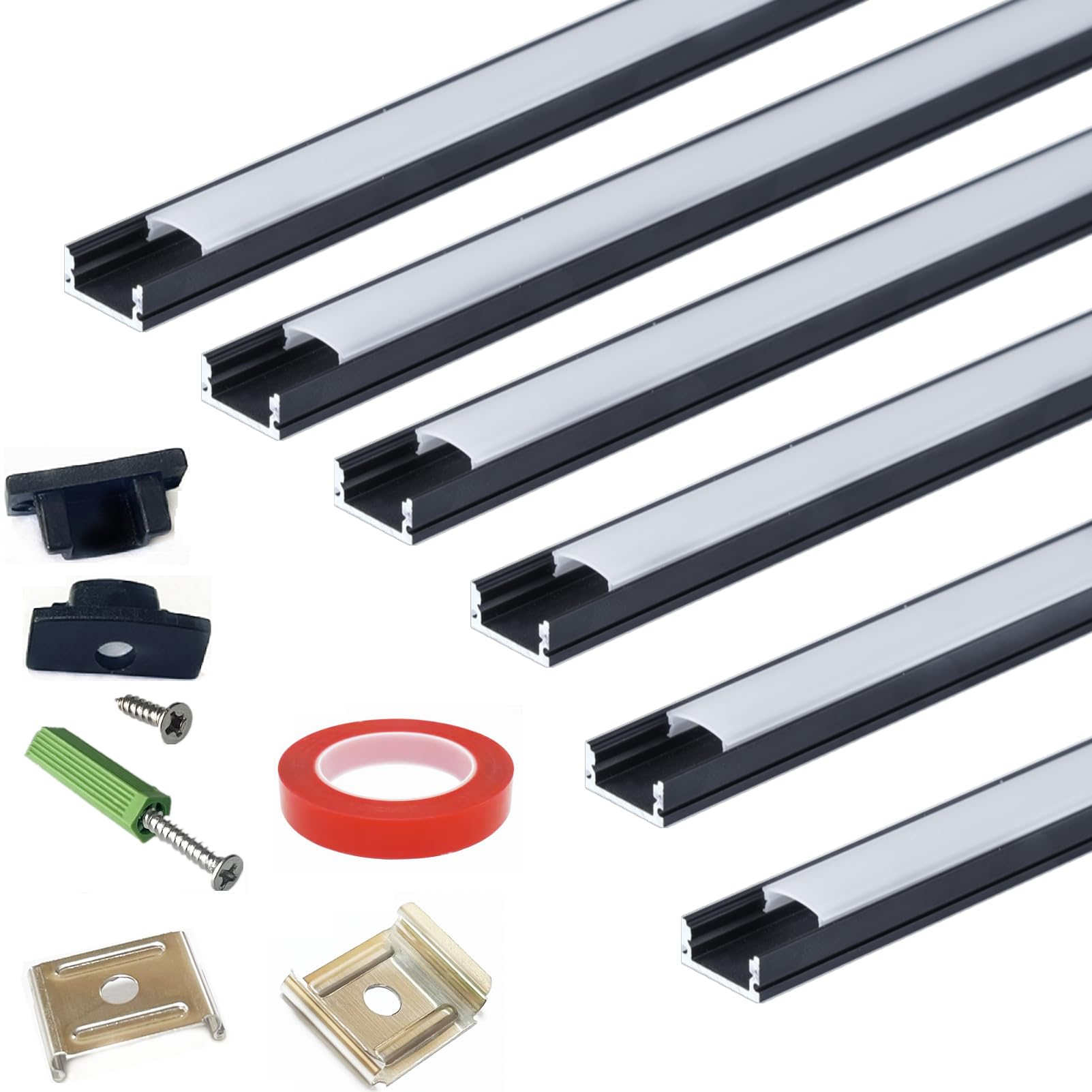 THMOOTHER LED Strip Black U Channel Diffuser 6-Pack 1FT,17X7.5MM Surface Mounted Aluminum Track with UV Resistance Milky Cover C