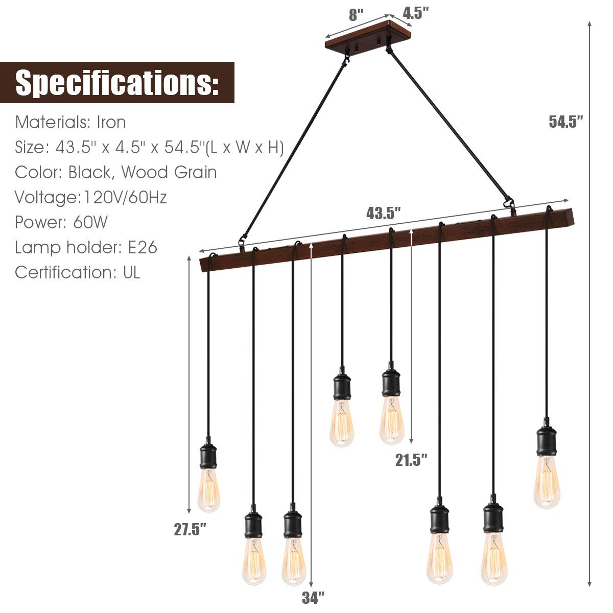 Tangkula 8-Light Industrial Pendant Light, Adjustable Suspension, Iron, Black, Model light24666, Vintage Chandelier for Home Decor