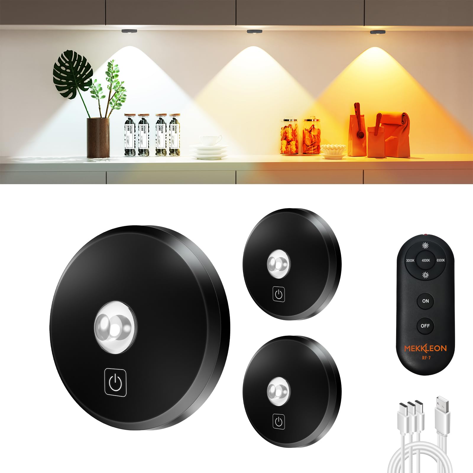 MEKKLEON Puck Lights - Rechargeable Wireless Under Cabinet Lighting, 3 Pack, Black, Metal, Model M3-G18
