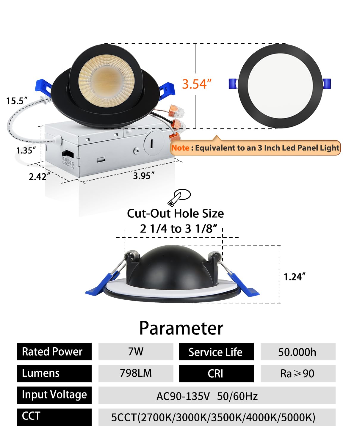 Adetu 3 Inch Gimbal Balck Led Recessed Lighting  360?90?Adjustable Directional Led Recessed Lights  2700K/3000K/3500K/4000K/5000K Dimmable Retrofit Eyeball Can Lights With Jbox Etl (Black  12 Pack)