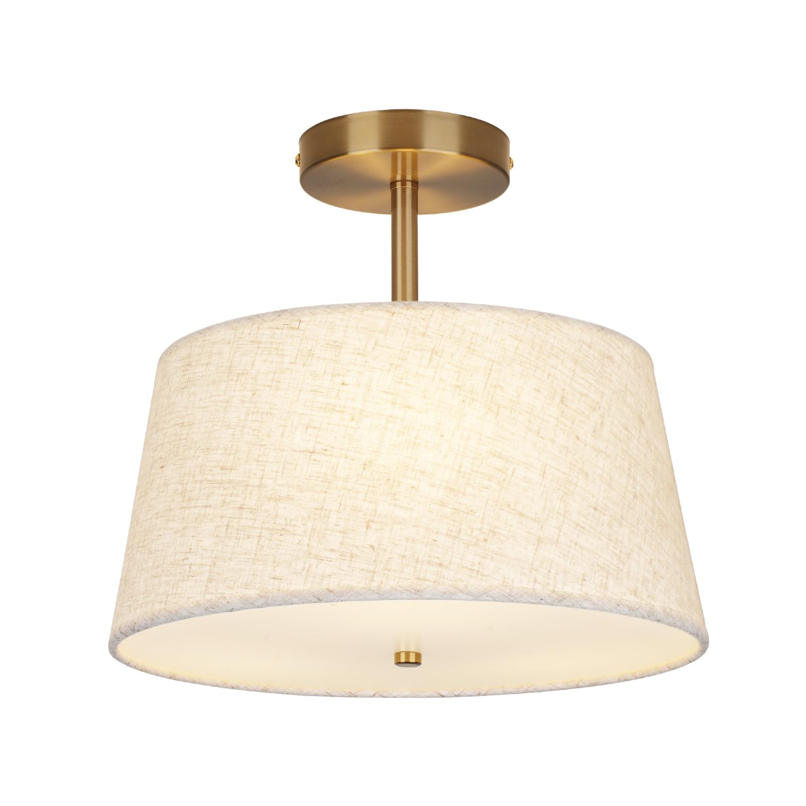 CALOKES Cone-Shaped Semi Flush Mount Modern Ceiling Light Fixture, 3-Light Drum Lamp with Gold Brass Finish and Beige Fabric Sha